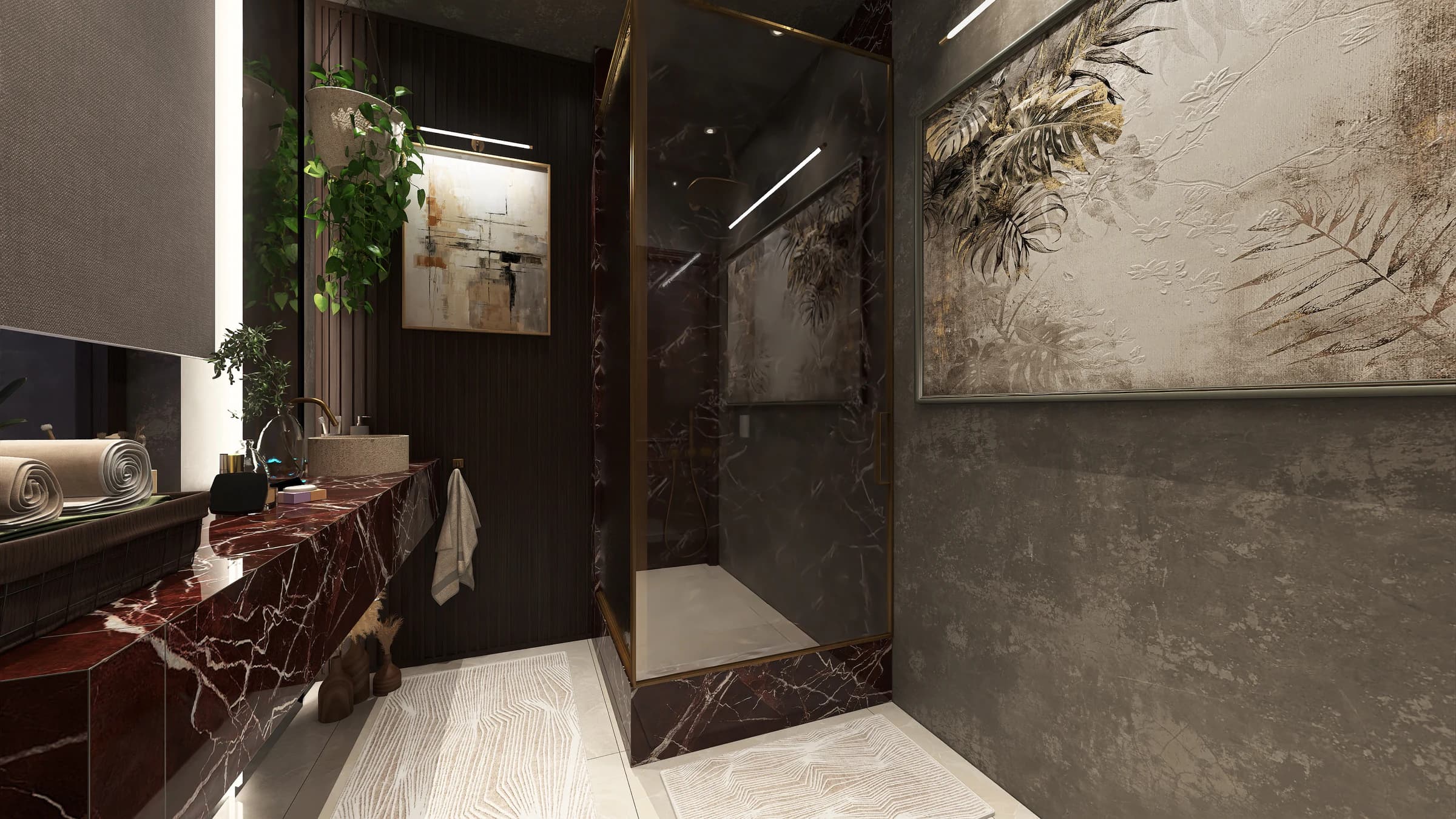 Elegantes Badezimmer mit burgunderrotem Naturstein, dunklem Holz und botanischer Wandgestaltung