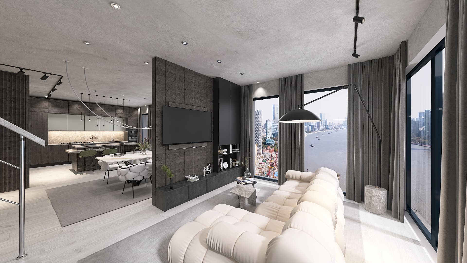 Concrete Calm – heller Wohnbereich mit Sichtbetondecke, Holzpaneelwand und Stadtblick