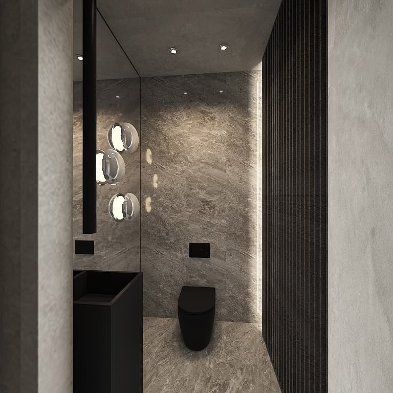 Midnight Cocoon – minimalistisches Gäste-WC aus dunklem Naturstein und schwarzen Elementen