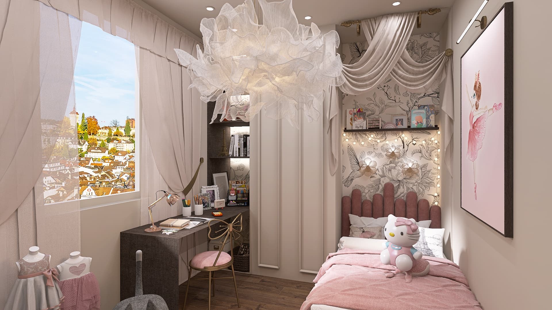 Parisian Dream – helles Kinderzimmer mit floraler Bettnische und wolkenartiger Pendelleuchte