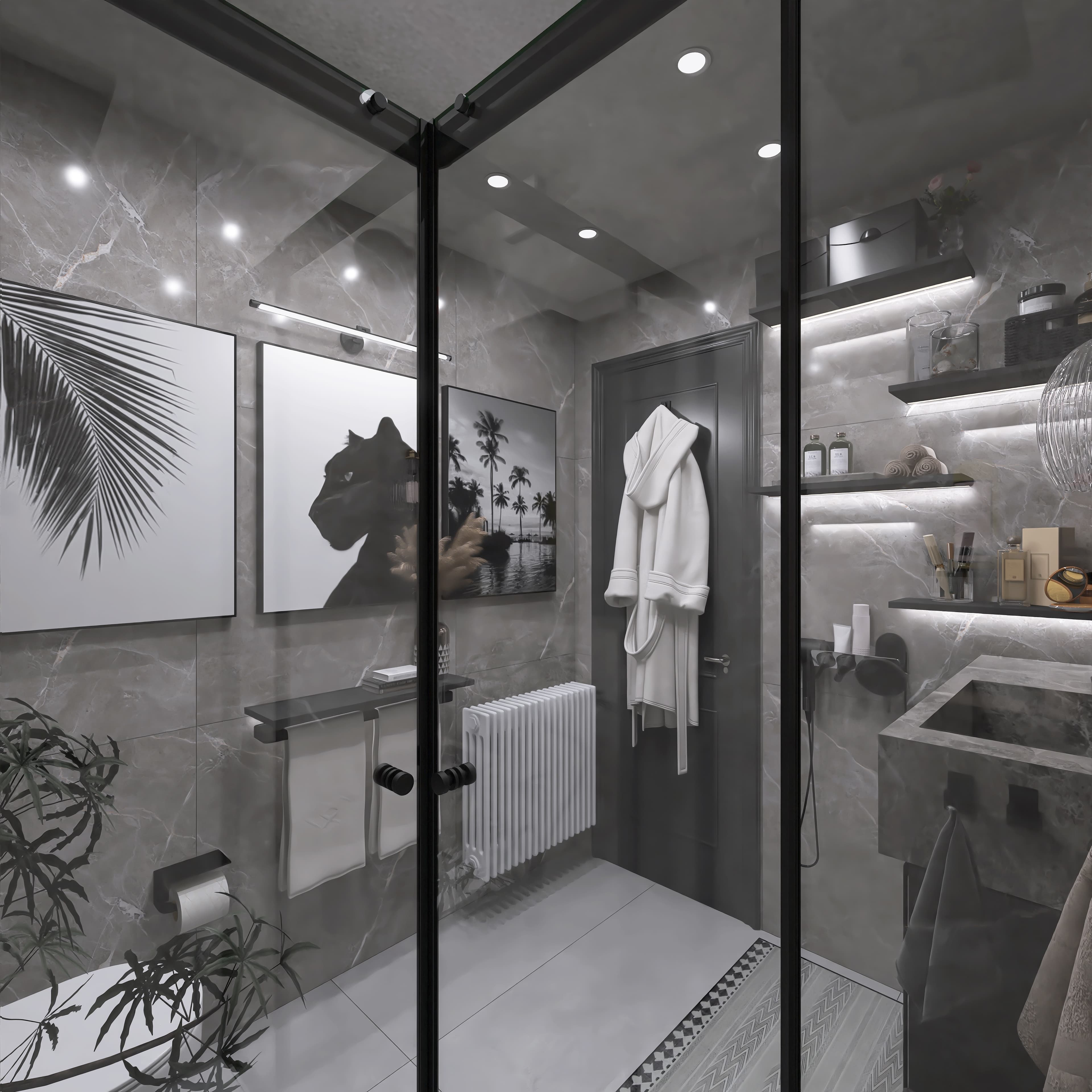 Stone Silence – großzügiges graues Badezimmer mit rahmenloser Glasdusche